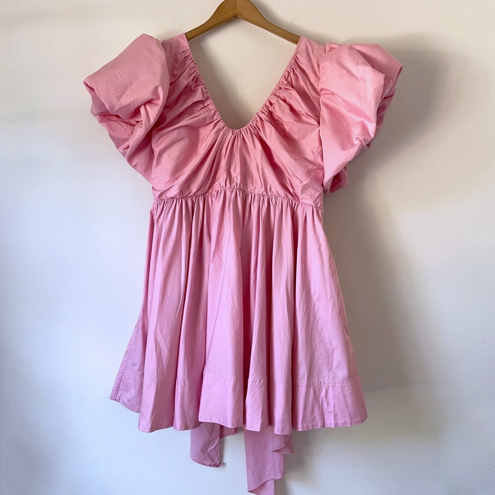 Aje Bow Back Mini Dress Pink Sz 16 Babydoll Puff Sleeve Barbiecore Girly